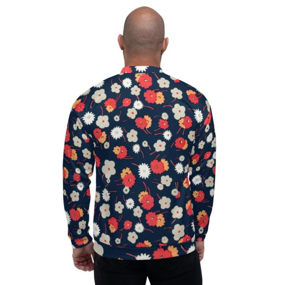 White, gray, pink and red flowers pattern  Unisex Bomber Jacket - Picture 6 of 10